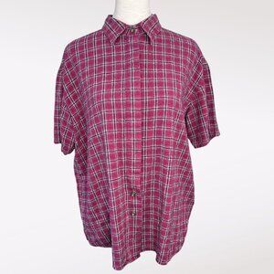 Faded Glory Silk Plaid Button Down Shirt Short Sleeve Medium